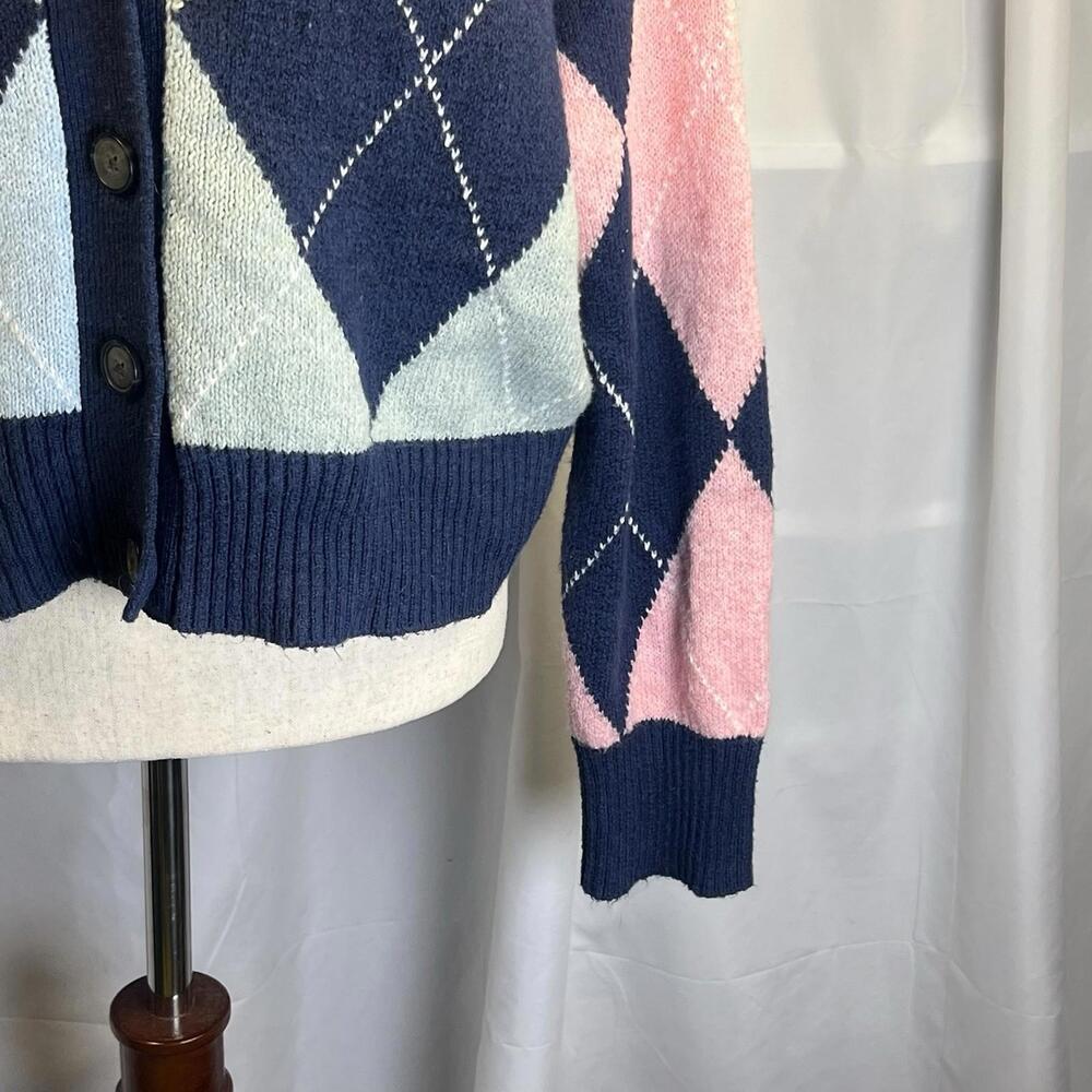 American Eagle Outfitters Argyle Cardigan Sweater - Navy, Pink, Yellow - Picture 8 of 9